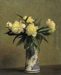 Peonies in a Blue and White Vase by Ignace Henri Jean Fantin-Latour