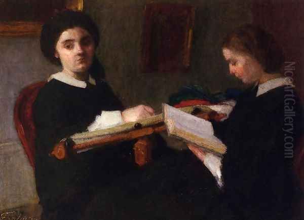 Two Young Women, Embroidering and Reading - view 1