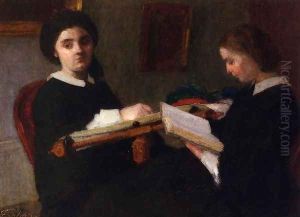 Two Young Women, Embroidering and Reading by Ignace Henri Jean Fantin-Latour