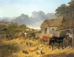 Horses Drinking From Trough with Pigs and Chickens in a Farmyard