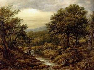 A River Landscape, With Two Boys Fishing And A Girl Fetching Water by John Linnell