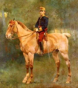 A Portrait Of Alfonso III On Horseback by Jose Cusachs y Cusachs