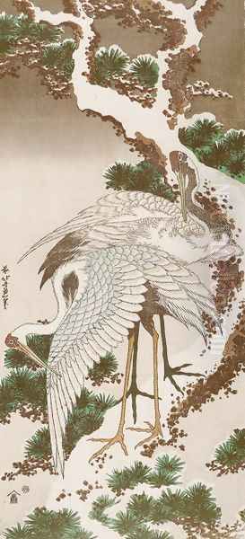 Cranes on a Snowy Pine - view 1