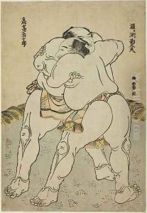 The Sumo wrestlers Uzugafuchi Kandayu and Takasaki