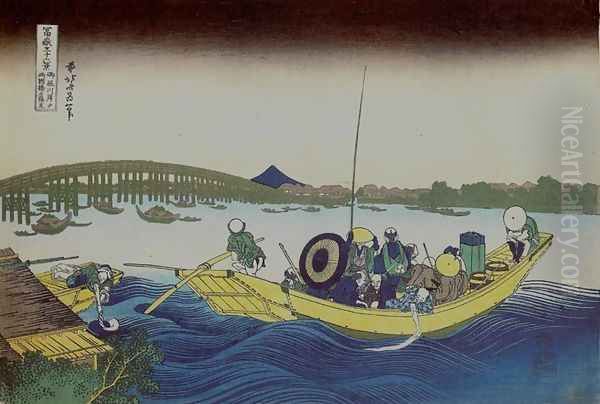 Viewing the Evening Sun at Ryogoku Bridge from Onmayagashi (Onmayagashi yori Ryogokubashi no sekiyo o miru) - view 1