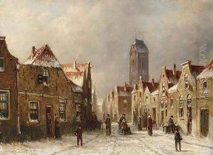 Figures in the Streets of a Snow Covered Dutch Town by Pieter Gerard Vertin
