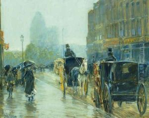 Horse-Drawn Cabs at Evening, New York by Childe Hassam