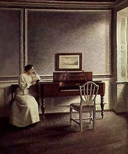 Woman Reading a Book Next to a Piano by Vilhelm Hammershoi