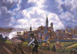 View of Szentendre with Digging Peasants 1922 by Sidney Harold Meteyard