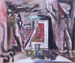 Two Nudes at the Table 1940s by Gizella Domotor