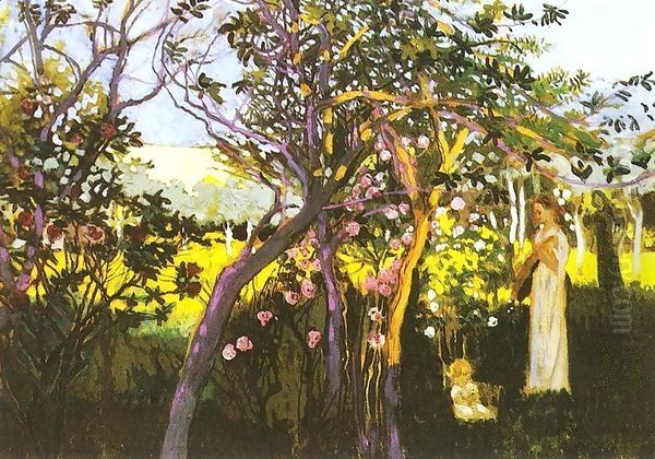 Three figures in a garden 1910 - view 1