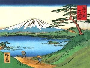 A Green Hilly View of Mt Fuji over a Lake