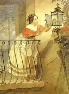 Italian Woman Lightning a Lamp in front of the Image of Madonna