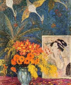Still Life Vase of Flowers and Engraving of a Japanese Wood by Lassak Lajos