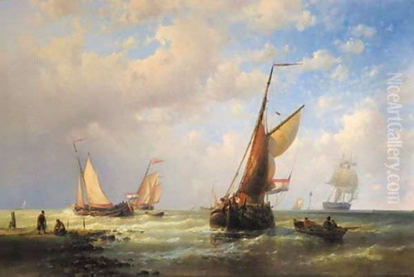Dutch fishingboats setting out to sea with fishermen on the shore - view 1