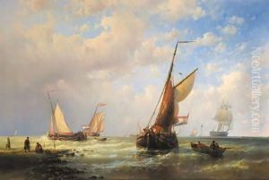 Dutch fishingboats setting out to sea with fishermen on the shore by Abraham Hulk Jun.