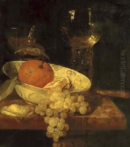 A roemer and a facon de Venise, oranges in a Wan-Li kraak porcelain bowl, an oyster, grapes and a knife on a table