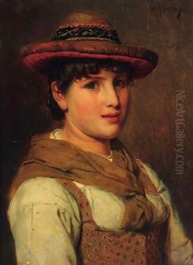 A portrait of a young lady, half-length, wearing a hat by Adolf Eberle