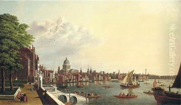 View of the Thames from the terrace of Somerset House, St. Paul's and the City beyond - view 1