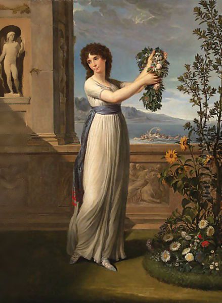 Portrait of a lady, full-length, holding a garland of flowers - view 1