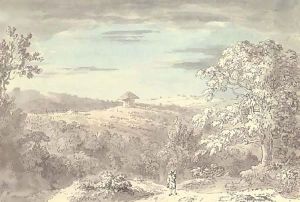 A landscape with a building in the distance and a traveller in the foreground by Anthony Devis