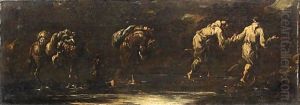 Two Capuchin monks and a Franciscan with a laden mule at a ford by Alessandro Magnasco