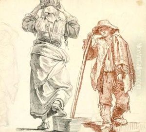 A peasant woman, seen from behind and a peasant boy by Vernet Claude Joseph