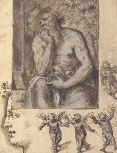 A hermit contemplating a crucifix, with studies of putti and a head in profile by Bernardino Luini