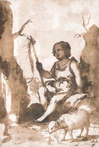 The Infant Baptist seated on a rock with a lamb by Bartolome Esteban Murillo