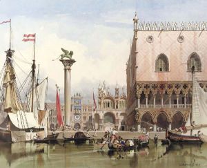 Sailingvessels moored by the Doge's Palace, Venice by Carl Friedrich H. Werner