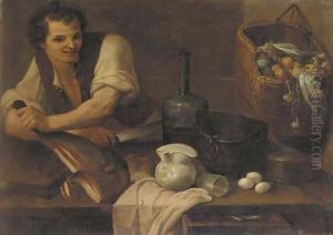 A kitchen interior with a serving boy slicing prosciutto, a basket of vegetables hanging from the wall, bread, a glass, a bottle, and other objects by Carlo Magini