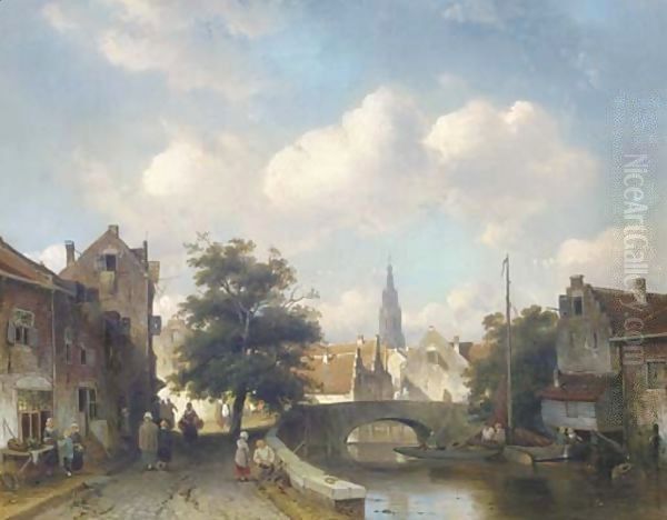 A canal in a sunlit Dutch town - view 1
