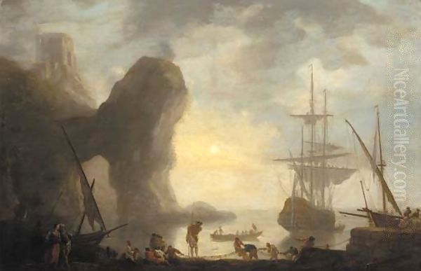 A harbour with a rock arch, a man-o'-war lowering its sails and fishermen pulling in their nets - view 1