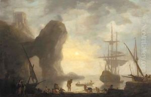 A harbour with a rock arch, a man-o'-war lowering its sails and fishermen pulling in their nets by Vernet Claude Joseph