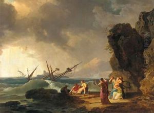 A Mediterranean rocky coastal landscape with a shipwreck in a storm by Vernet Claude Joseph