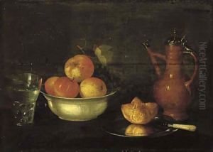 Apples and grapes in a porcelain bowl, a bread roll on a pewter plate, a glass of water and a jug on a wooden ledge. by Cornelis Jacobsz Delff