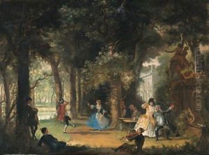 The garden of a mansion with elegant company making music and dancing by Cornelis Troost