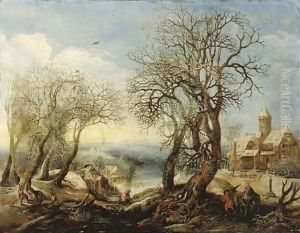 An extensive winter river landscape with the Flight into Egypt, a sportsman and his hound, a wood gatherer trundling a wheelbarrow and a peasant woman