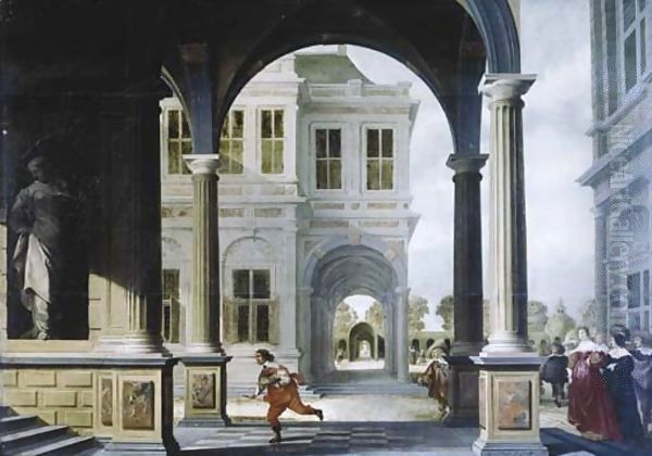 The forecourt of a Renaissance palace with a herald running to the stairs - view 1