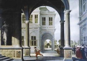 The forecourt of a Renaissance palace with a herald running to the stairs