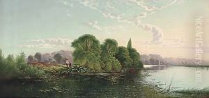 Anglers on a riverbank on a summer's day by Henry John Boddington