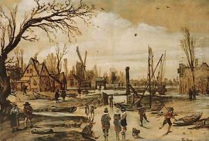 A winter landscape with figures skating on a frozen canal by Esaias Van De Velde