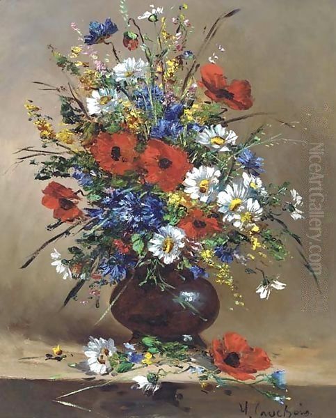 Poppies and daisies and other flowers in a bowl by Eugene Henri Cauchois