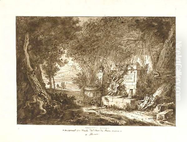Figures at a tomb by an altar to Apollo, an extensive landscape seen through woods beyond - view 1