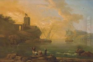 A Mediterranean coastal inlet with fisherman in the foreground by Vernet Claude Joseph