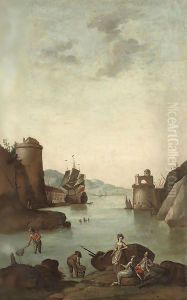 A Mediterranean coastal inlet with a fortified town, figures fishing in the foreground and a ship beyond; and A Mediterranean coastal inlet with a for by Vernet Claude Joseph