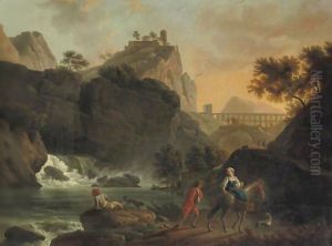 A mountainous river landscape with travellers on a track, a town on a hill and a roman acquaduct beyond by Vernet Claude Joseph