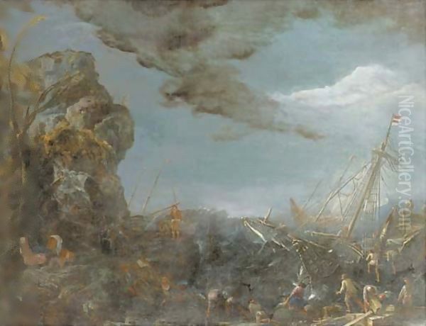 Fishermen unloading a shipwrecked three-master, shipping in stormy seas beyond - view 1