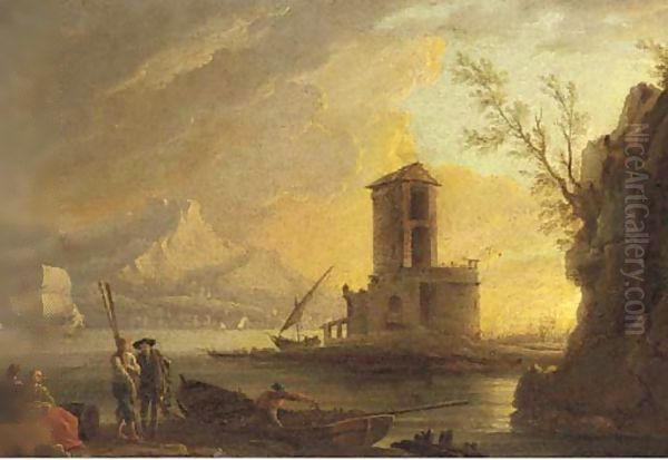 A Mediterranean coast at sunset with figures on the shore - view 1