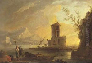 A Mediterranean coast at sunset with figures on the shore by Vernet Claude Joseph
